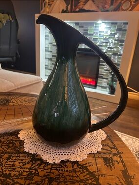 Vintage Blue Mountain Pottery Teardrop Ewer Pitcher - Green Black Drip Glaze MCM